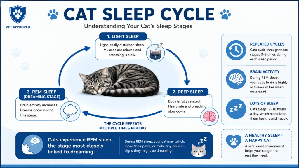 Can Cats Dream? Cat REM Sleep Cycle Explained Can cats dream infographic showing a cat's sleep cycle including light sleep, deep sleep, and REM sleep where dreaming occurs.