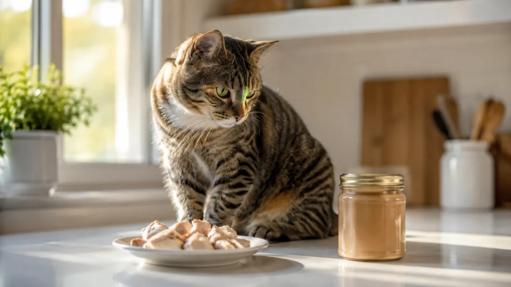 Can Cats Eat Peanut Butter? Featured Guide Curious domestic cat sitting beside a jar of peanut butter with healthy chicken treats on a kitchen counter.