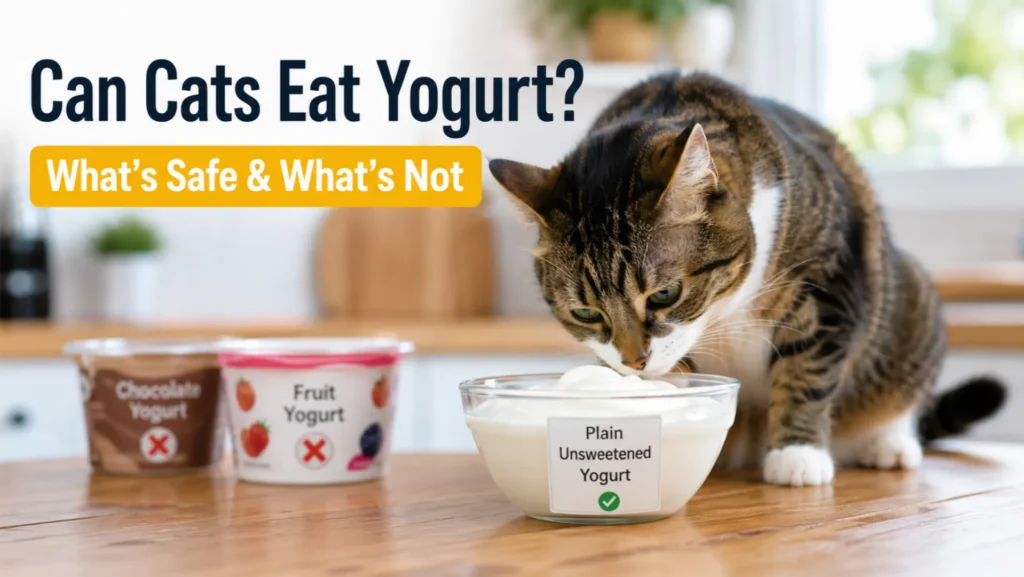 Can Cats Eat Yogurt? Is Plain Yogurt Safe for Cats? A domestic cat sniffing a bowl of plain Greek yogurt to show whether yogurt is safe for cats.