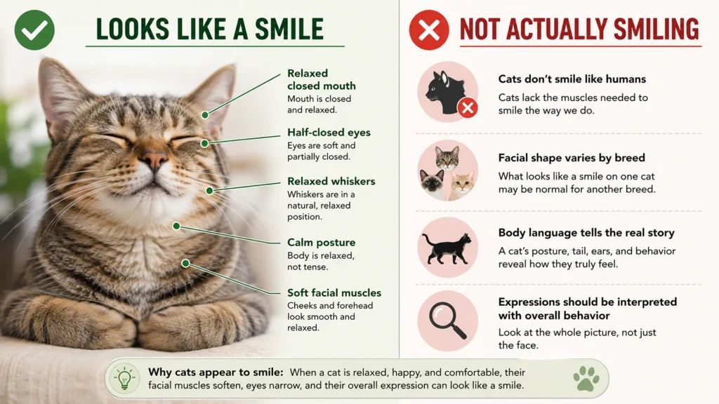 Can Cats Smile? Understanding Cat Facial Expressions Side-by-side comparison explaining why a cat may look like it's smiling and how feline facial expressions differ from human smiles.