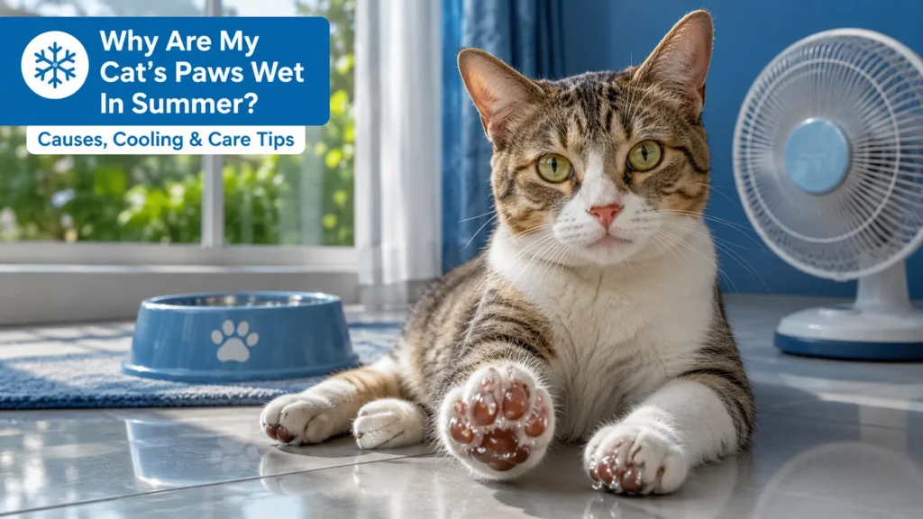 Can Cats Sweat? How Cats Stay Cool Naturally A domestic cat resting on a cool tile floor during summer, showing how cats stay cool since they can only sweat through their paw pads.
