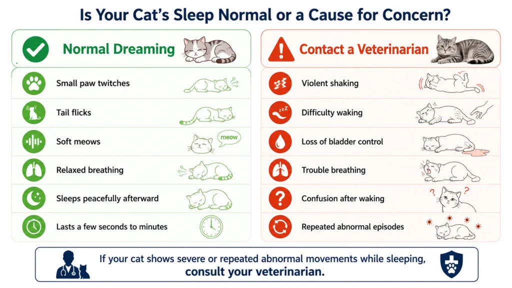 Cat Dreaming vs Medical Warning Signs Comparison Comparison chart showing normal cat dreaming behaviors versus medical warning signs such as violent shaking, difficulty waking, and breathing problems.