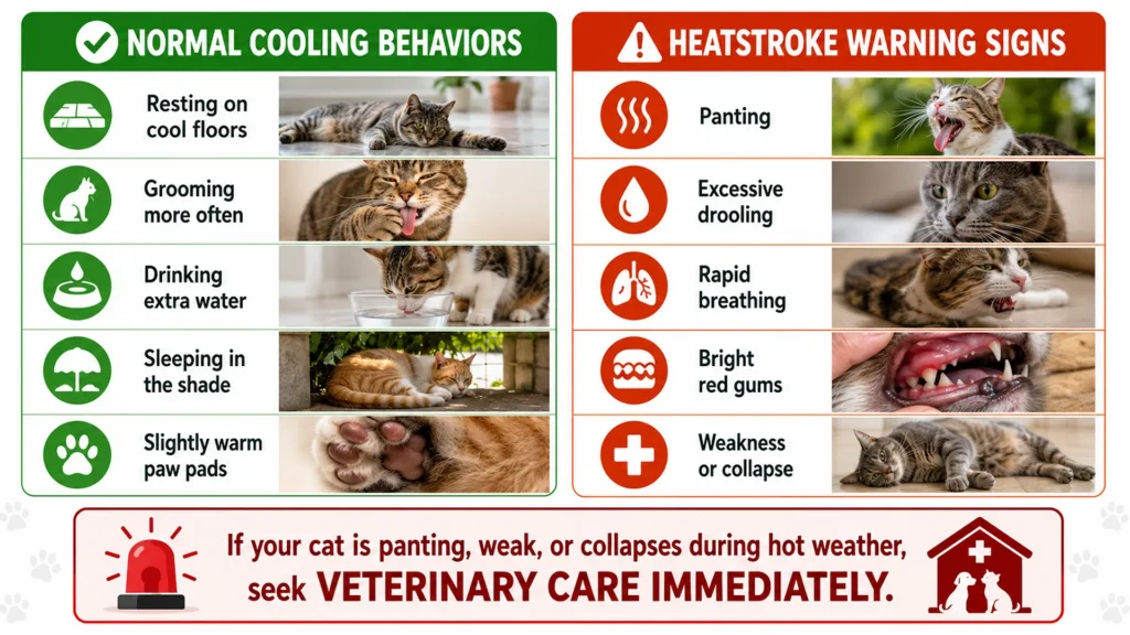 Cat Heatstroke Warning Signs Comparison Chart Comparison chart showing normal cooling behaviors in cats versus dangerous heatstroke warning signs such as panting, drooling, and weakness.