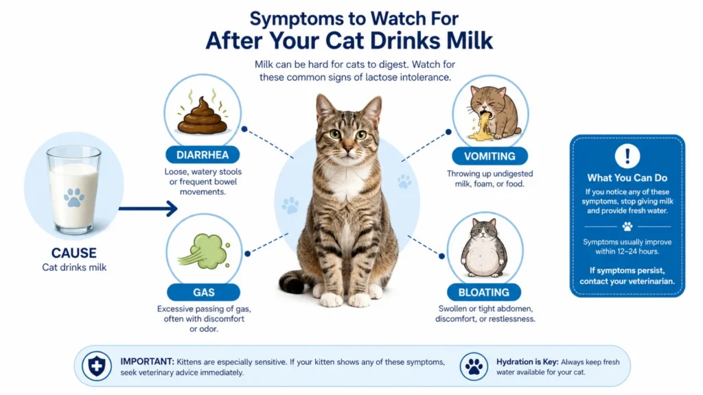 Infographic comparing safe, occasional, and unsafe milk options for cats, including cat milk, lactose-free milk, goat's milk, cow's milk, almond milk, oat milk, soy milk, and coconut milk.