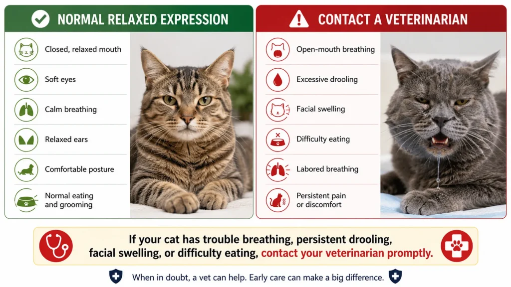 Normal Cat Expression vs Veterinary Warning Signs Veterinary comparison chart showing a normal relaxed cat face versus warning signs like open-mouth breathing, drooling, and facial swelling.