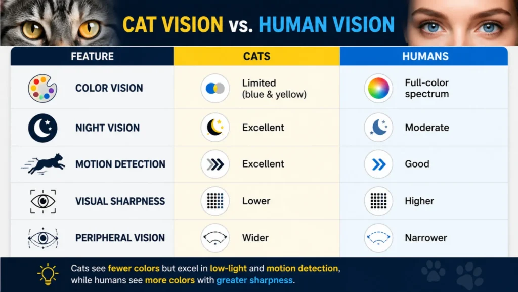 Cat Vision vs Human Vision Comparison Chart Comparison chart showing differences between cat vision and human vision, including color perception, night vision, motion detection, visual sharpness, and peripheral vision.
