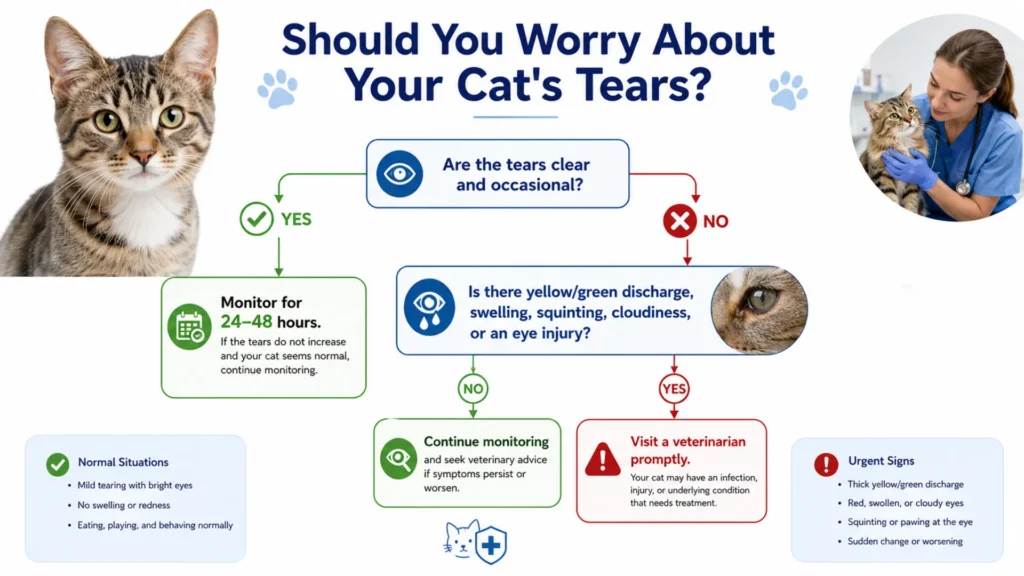 When Should You Worry About Your Cat's Watery Eyes? Decision tree infographic showing when watery eyes in cats are normal and when a veterinary visit is recommended.