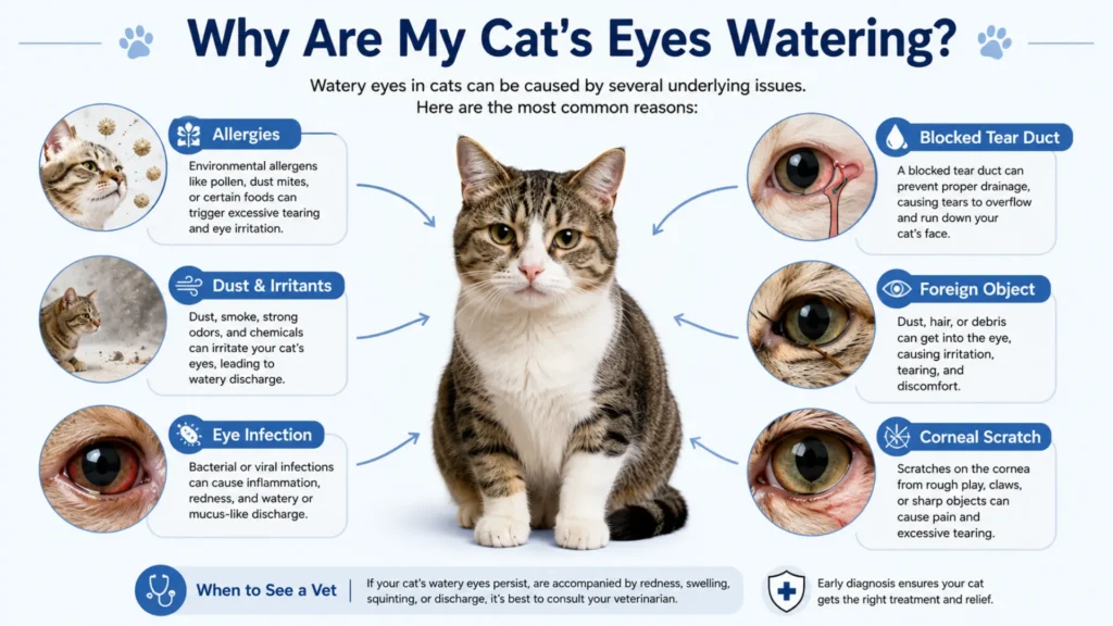 Common Causes of Watery Eyes in Cats Veterinary infographic showing common causes of watery eyes in cats, including allergies, infections, blocked tear ducts, and eye irritation.
