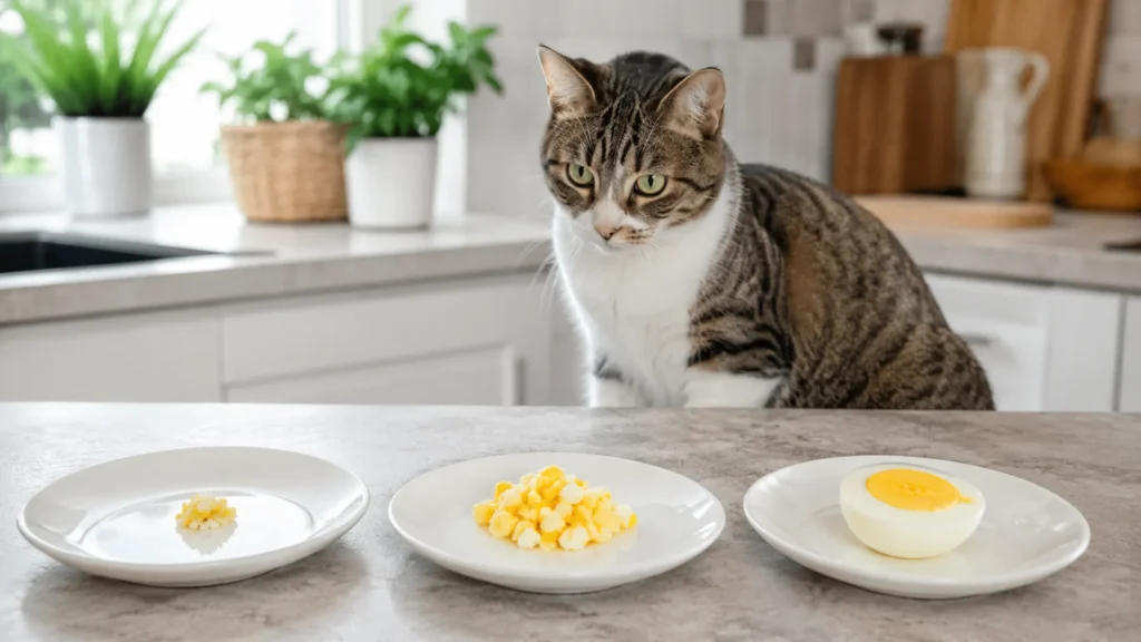 Different serving sizes of plain cooked egg for kittens, small adult cats, and large adult cats displayed on separate plates.