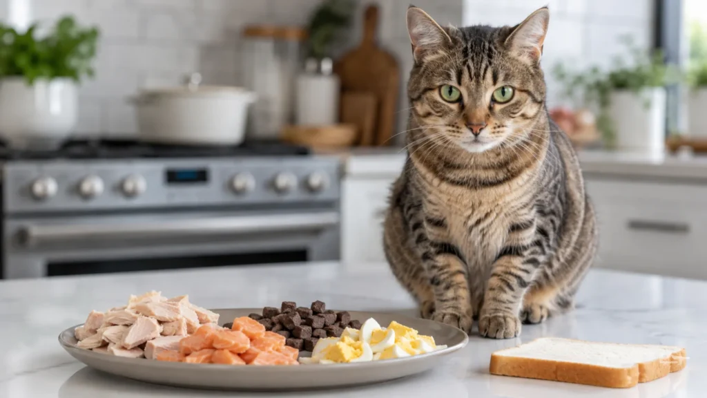 Healthy Treat Alternatives to Bread for Cats Healthy alternatives to bread for cats including cooked chicken, turkey, salmon, cooked egg, and freeze-dried meat treats