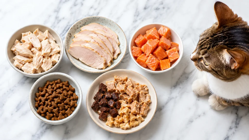Healthy Alternatives to Peanut Butter for Cats Healthy cat treats including cooked chicken, turkey, salmon, freeze-dried meat treats, and commercial cat snacks.