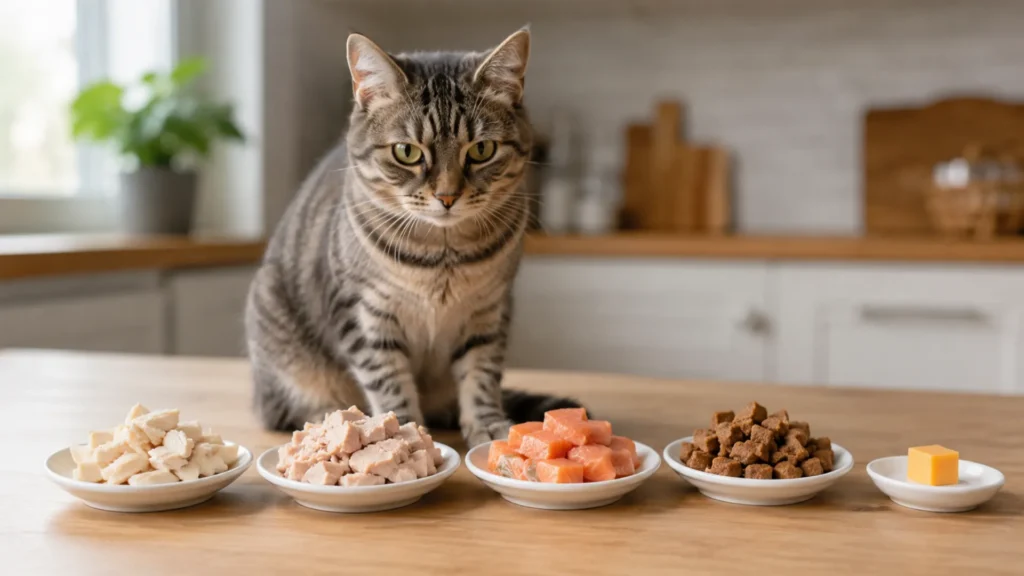Healthy Alternatives to Cheese for Cats Healthy meat-based treats for cats including cooked chicken, turkey, salmon, and freeze-dried meat.
