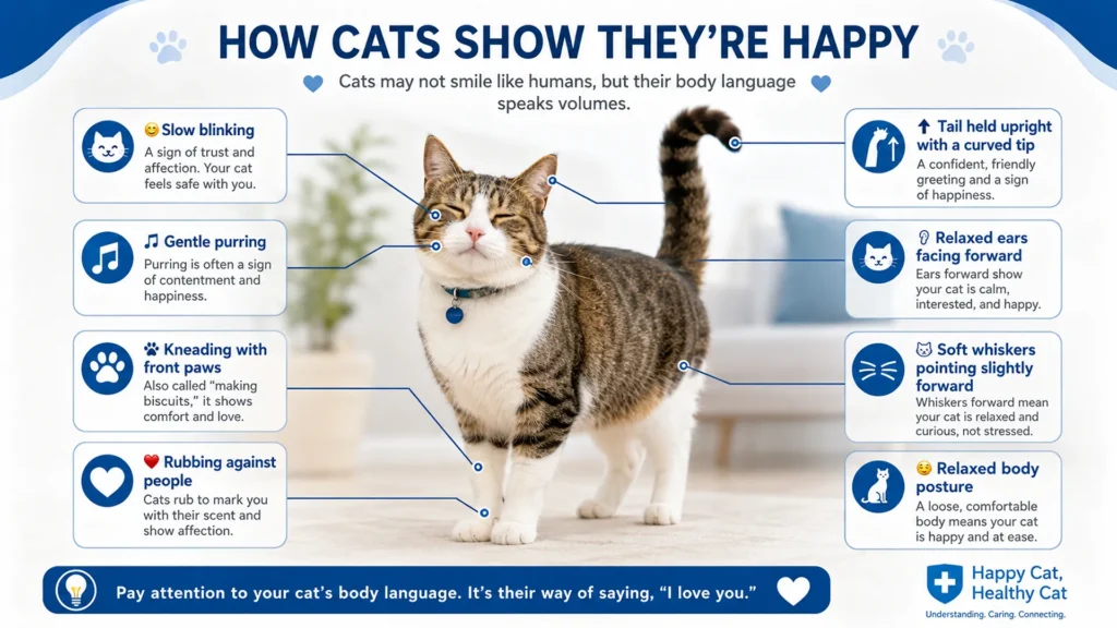 How Cats Show Happiness Through Body Language Infographic showing how cats express happiness through slow blinking, purring, tail position, kneading, and relaxed body language instead of smiling.