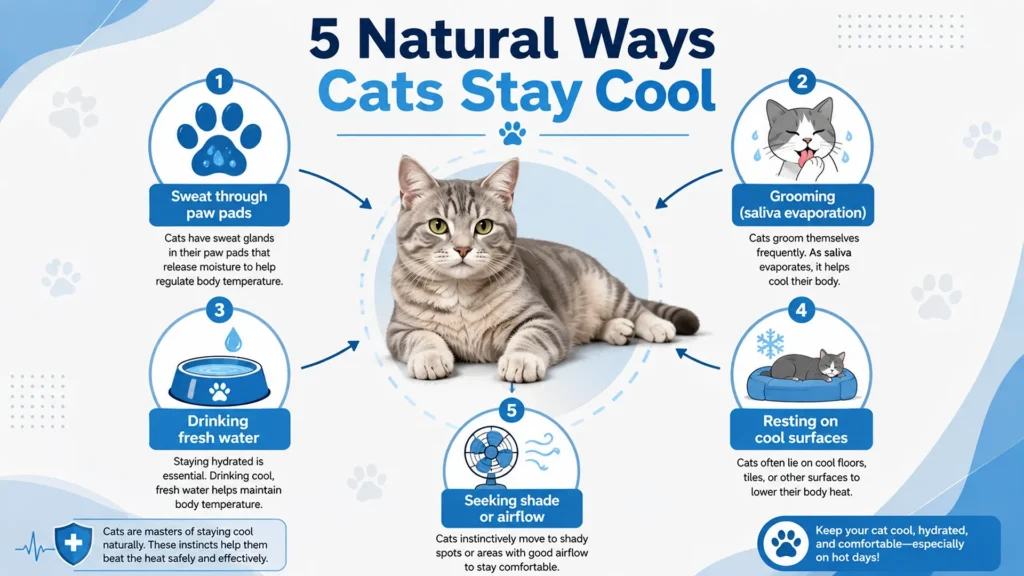 How Cats Stay Cool Without Sweating Infographic Infographic explaining the five natural ways cats stay cool, including paw pad sweating, grooming, drinking water, resting on cool surfaces, and seeking shade.