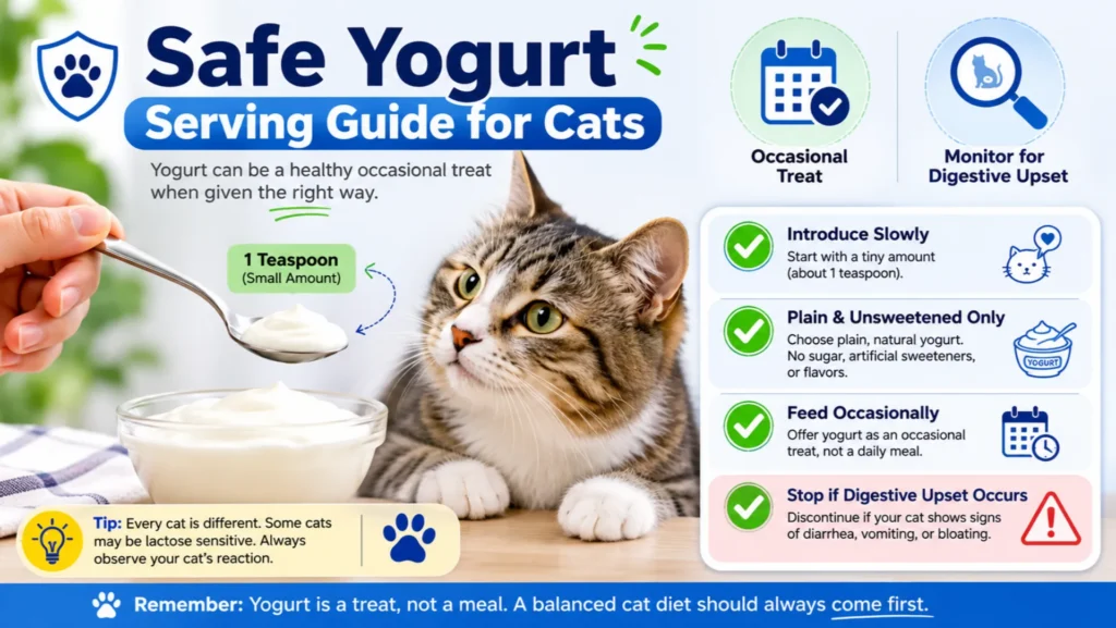How Much Yogurt Can Cats Eat? Safe Feeding Guide Infographic showing the recommended serving size of plain yogurt for cats and safe feeding guidelines.