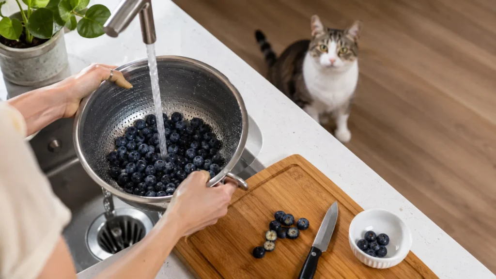 Pet owner washing and preparing fresh blueberries before serving a small portion to a cat safely.