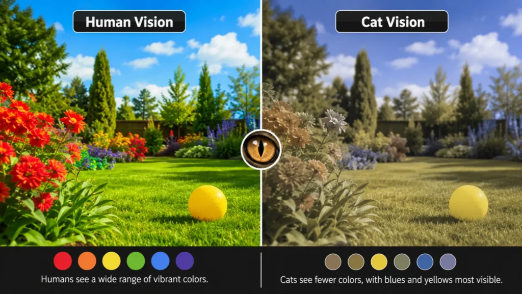Human Vision vs Cat Vision Color Comparison Comparison chart showing differences between cat vision and human vision, including color perception, night vision, motion detection, visual sharpness, and peripheral vision.