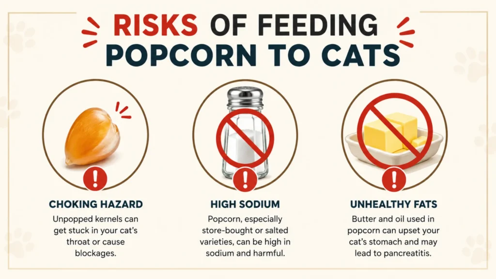 3 Popcorn Risks for Cats: Choking, Salt & Butter Infographic showing popcorn risks for cats: choking, salt, and butter