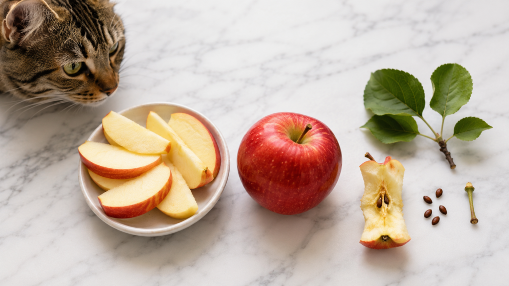 Safe Fruits and Toxic Fruits for Cats Comparison of safe and unsafe fruits for cats including apples, blueberries, watermelon, grapes, raisins, and avocado.
