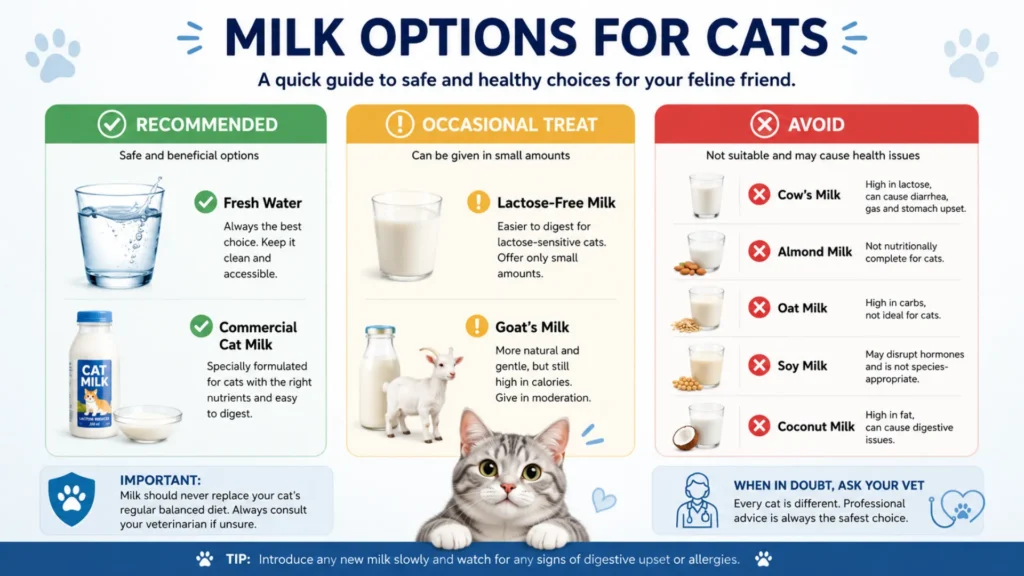 Recommended Egg Portion Size for Cats Infographic comparing safe, occasional, and unsafe milk options for cats, including cat milk, lactose-free milk, goat's milk, cow's milk, almond milk, oat milk, soy milk, and coconut milk.