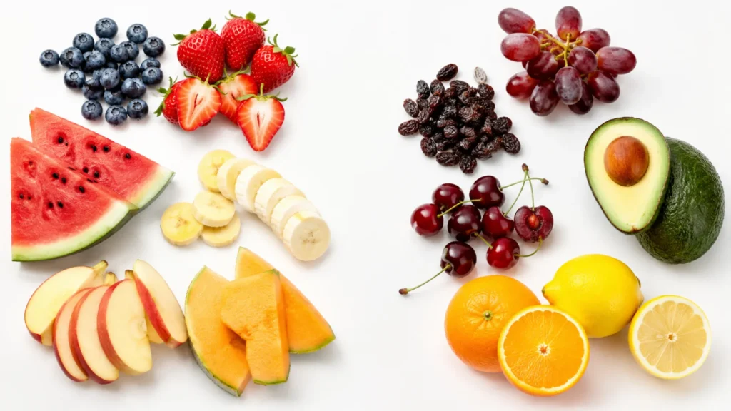 Safe Fruits vs Fruits Cats Should Avoid Comparison of safe fruits for cats, including blueberries and watermelon, versus harmful fruits such as grapes, raisins, cherries, avocado, and citrus.