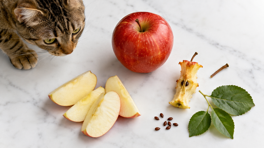Safe vs Unsafe Apple Parts for Cats Safe and unsafe parts of an apple for cats showing apple flesh, seeds, core, stem, and leaves.