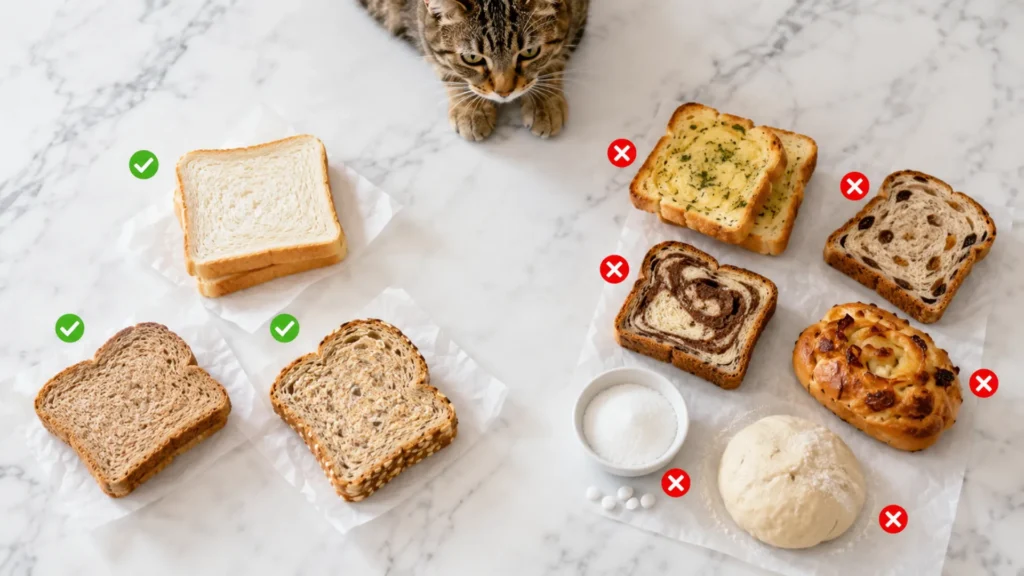 Safe and unsafe bread types for cats including plain bread, garlic bread, raisin bread, onion bread, chocolate bread, and raw yeast dough