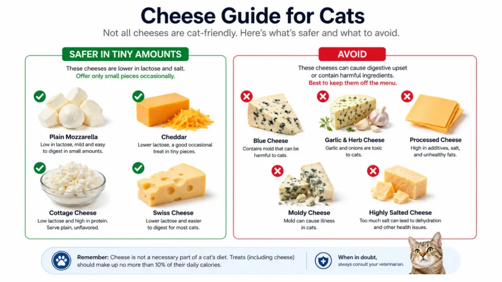 Comparison chart showing safe and unsafe types of cheese for cats.