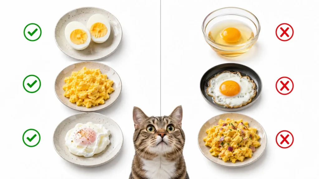 Safe and Unsafe Egg Types for Cats Comparison showing safe cooked eggs including boiled, scrambled, and poached eggs versus unsafe raw and fried eggs for cats.