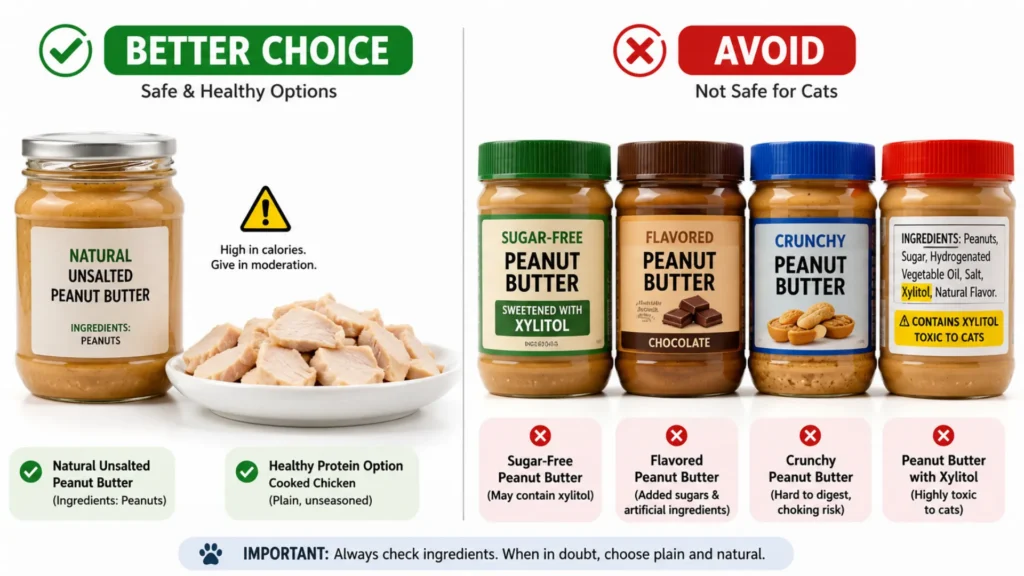 Safe vs. Unsafe Peanut Butter for Cats Comparison of natural peanut butter and peanut butter products that cats should avoid, including sugar-free and flavored varieties.