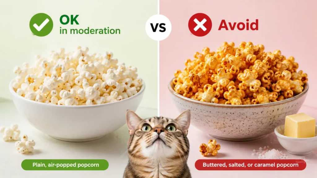 Safe vs Unsafe Popcorn Types for Cats Comparison of safe plain popcorn versus unsafe buttered popcorn for cats