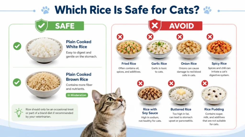 Safe vs. Unsafe Rice for Cats Guide Infographic comparing safe and unsafe rice dishes for cats, including plain cooked rice, fried rice, garlic rice, onion rice, and spicy rice.