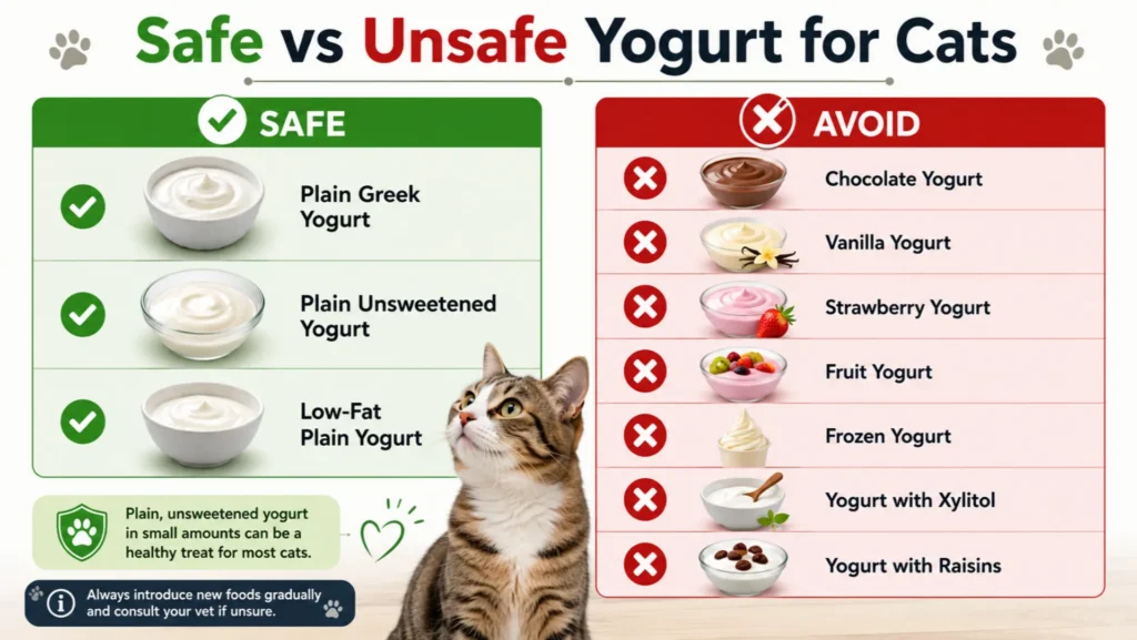 Safe vs Unsafe Yogurt Types for Cats Comparison chart showing safe and unsafe yogurt types for cats, including plain Greek yogurt, flavored yogurt, chocolate yogurt, and fruit yogurt.
