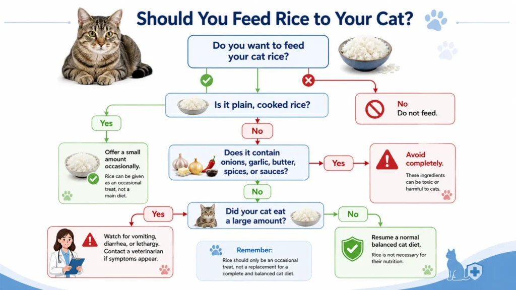 Should You Feed Rice to Your Cat? Decision Guide Decision tree infographic showing when it is safe to feed plain cooked rice to cats and when to avoid rice containing harmful ingredients.