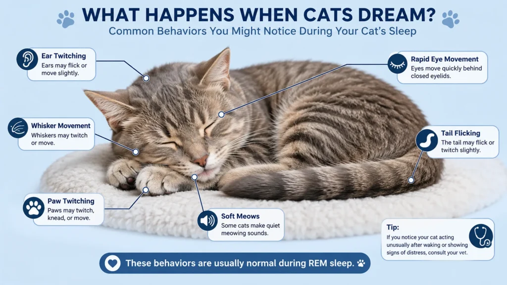 Signs Your Cat Is Dreaming During Sleep Sleeping cat showing common dreaming signs including paw twitching, whisker movement, ear twitching, tail flicking, and soft meowing during REM sleep.