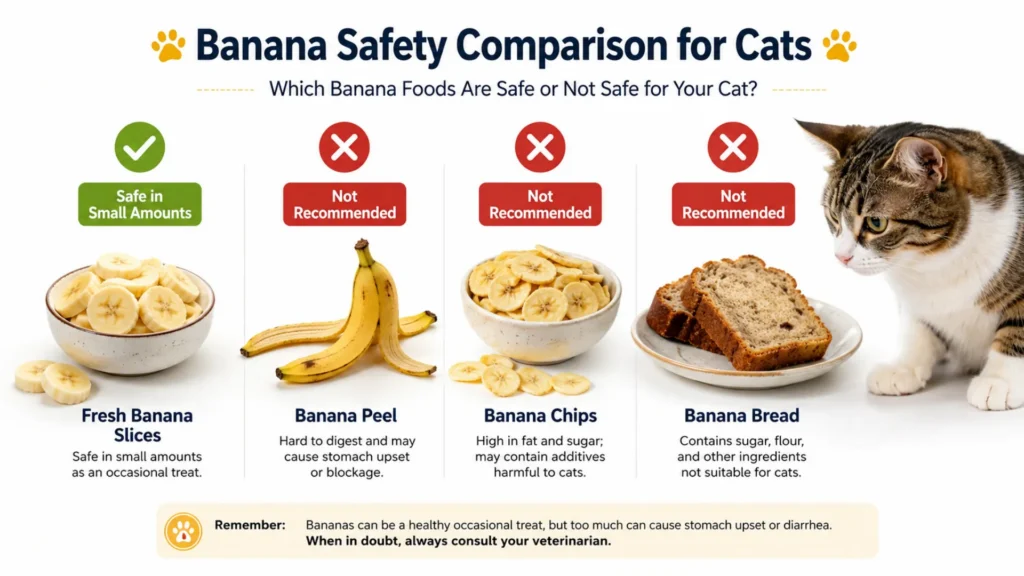 Safe and Unsafe Banana Foods for Cats Comparison showing fresh banana, banana peel, banana chips, and banana bread for cats